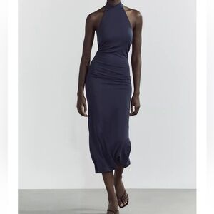 Zara Blue Midi Pencil Dress with Ruched Detail